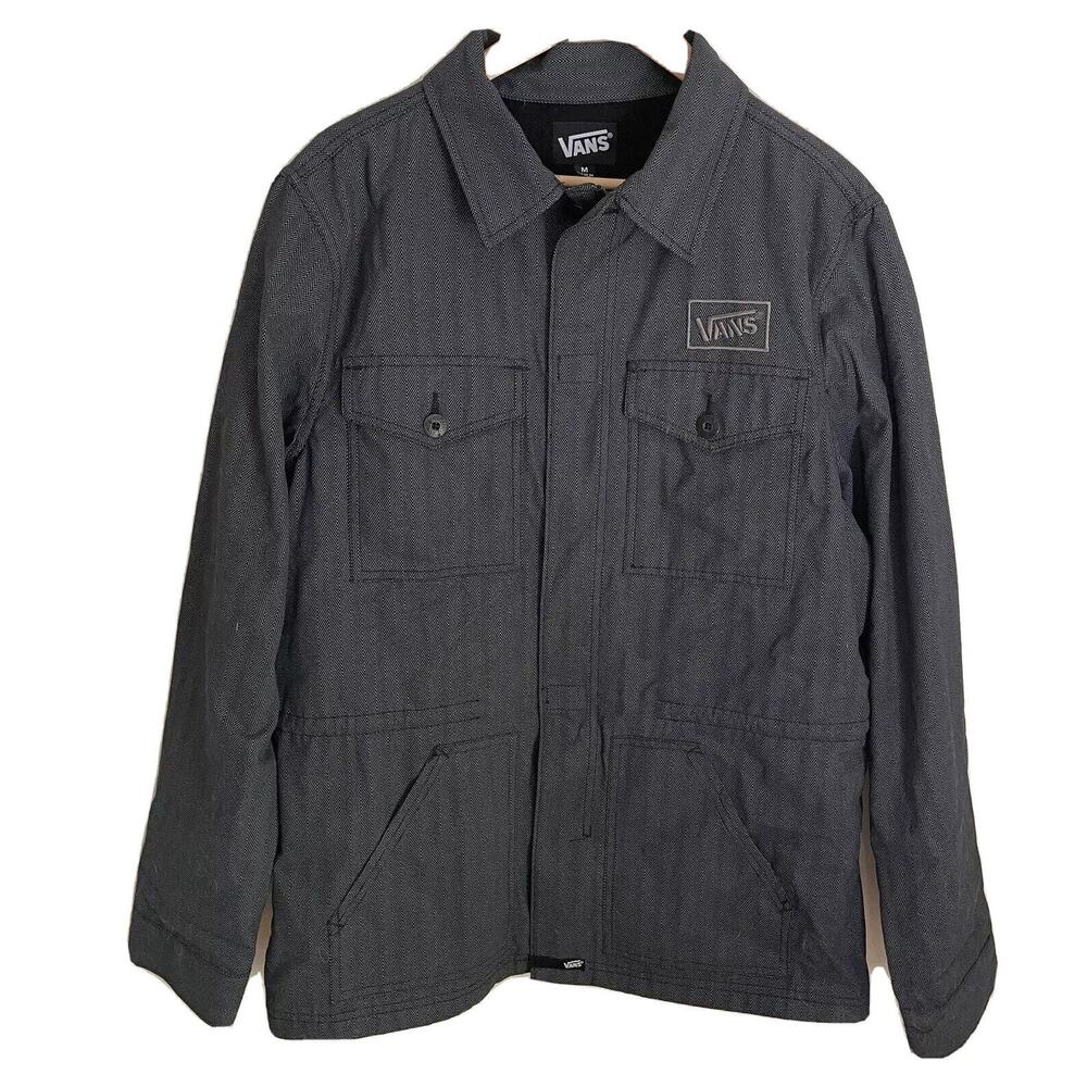 Vans Drill Chore Coat Gray Full Zip Lined Herringbone Pattern Cotton Men Sz Med